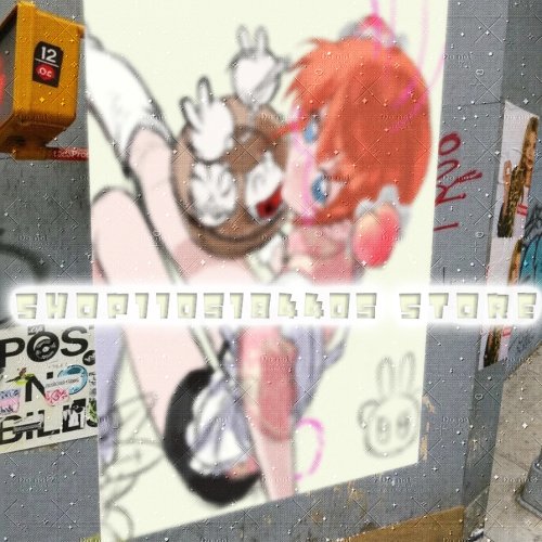 Tapiz de pared anime estilo coquette — Chica con doble moño naranja, adorno de pelo melocotón y gafas conejito rosas, tono rosa delicado