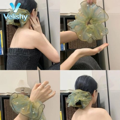 フェイクパールフリルヘアタイ - エレガントなポニーテールヘッドバンド 女の子用 普段使い＆パーティー