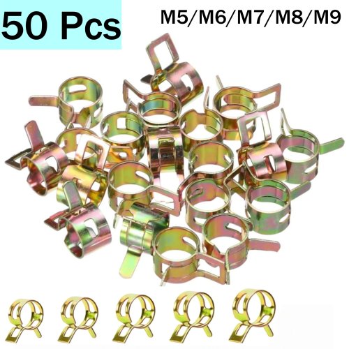 50개 세트 스프링 호스 클램프 5–9mm — 65Mn 강 아연도금, 연료/물/공기 호스용