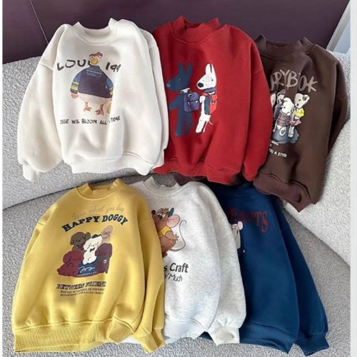 Winter Kids Velvet Sweatshirt Sweater Boys Girls Cartoon Animal Long Sleeve Pullover Warm Outfit