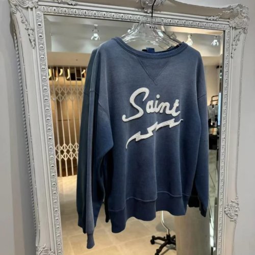 SAINT Sweatshirt Casual Distressed de Gola Redonda para Homem e Mulher em Azul Lavado com Bordado de Relâmpago, Inverno