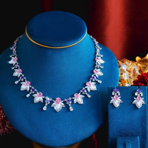 Elegant pink & purple bridal jewelry set — white enamel flower drop necklace and earrings with cubic zirconia (CZ)