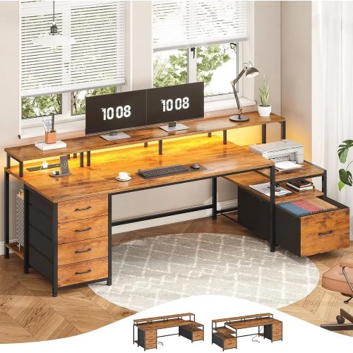 مكتب ألعاب كبير 75'' (190 سم) مع 5 أدراج، رفوف تخزين، حامل شاشة وإضاءة LED بقوة 23.6 واط — بني ريفي