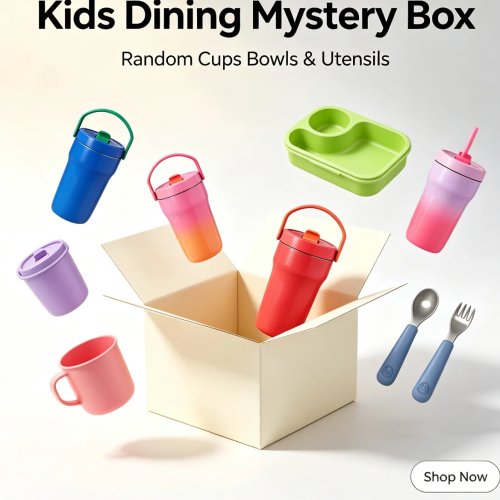 Gradient Kids Tableware Mystery Blind Box - Portable Stainless Steel Tumbler, Spoon, Fork, Silicone Plate & Toddler Sippy Cup - Surprise Random Gift Set