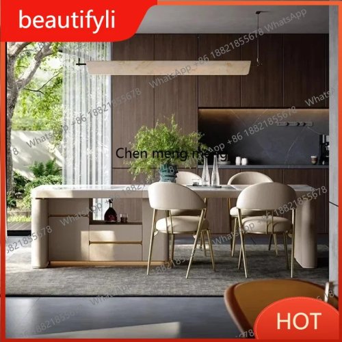 Bàn đảo bếp nâng đa năng A139, mặt đá hình chữ nhật, phong cách tối giản hiện đại màu kem, bàn ăn tích hợp ghế kéo thu gọn