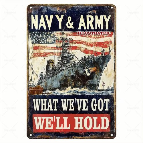 Винтажная металлическая табличка 'Navy & Army Illustrated' — военный корабль с флагом США, ретро настенная декорация для любителей военной истории