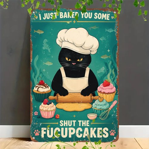 Retro Blechschild 2D – Vintage Schwarze Katze & Cupcake, Metallschild zur Dekoration für Zuhause, Garage, Café, Bar und Garten