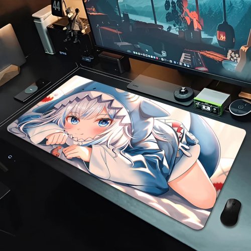 Alfombrilla XXL para ratón y teclado Anime – Esterilla de escritorio grande con chica anime de pelo plateado con capucha de tiburón, para gaming y oficina