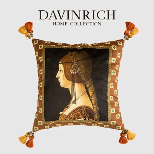 DAVINRICH イタリアンレトロ クッションカバー — ビンテージ風油彩の女性肖像プリント、中世風インテリア用