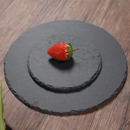 Tabla/plato redondo de piedra negra natural (pizarra) para servir queso, pizza, sushi, pastel, bistec y postres