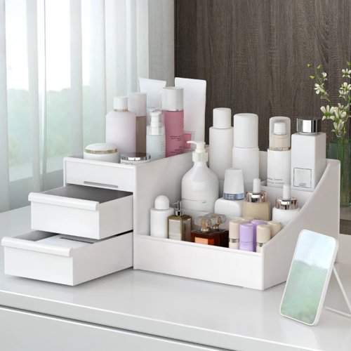 Desktop makeup organizer with drawers — plastic cosmetic storage box for vanity, dressing table & dorm