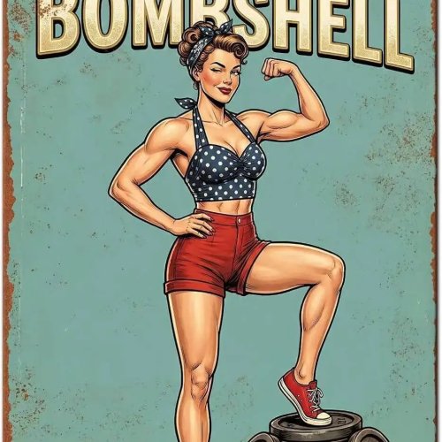 Biển kim loại phong cách cổ điển cho phòng gym – cô gái pin-up cầm tạ, tranh treo tường truyền cảm hứng cho phòng tập tại nhà