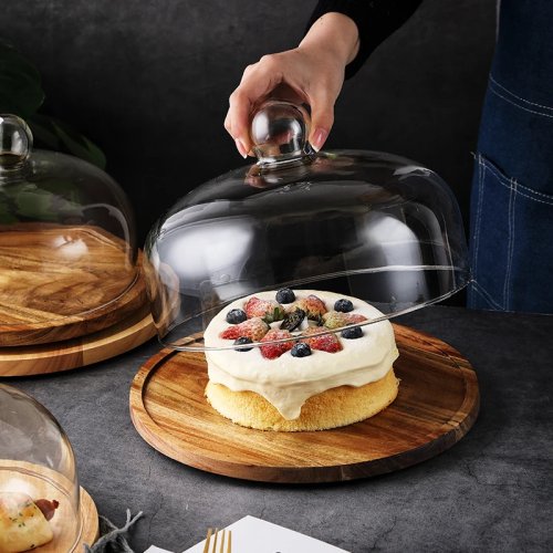 Base giratoria de madera de acacia con cubierta de vidrio — plato redondo para pasteles, postres, frutas y pan