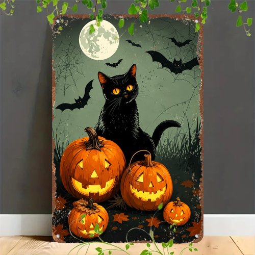 Papan timah retro 2D Kucing Hitam Halloween — plakat logam datar untuk dekorasi rumah, garasi, kafe, bar, dan taman