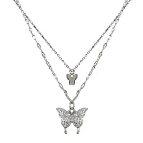 Two-tier Butterfly Pendant Necklace — Layered mini & large butterfly charms, smooth polished finish, women's jewelry