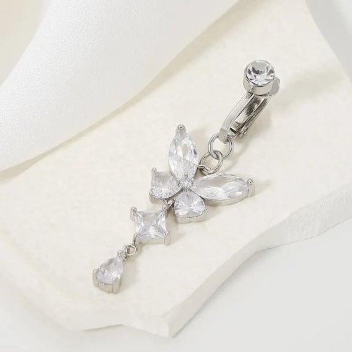 Anillo de ombligo clip-on falso — Mariposa con incrustación de cobre y zirconia brillante, sin perforación, reutilizable