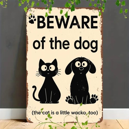 Retro-Blechschild 2D „Vorsicht vor dem Hund und der durchgeknallten Katze“ – flaches Metallschild für Haus, Garage, Café, Bar und Garten
