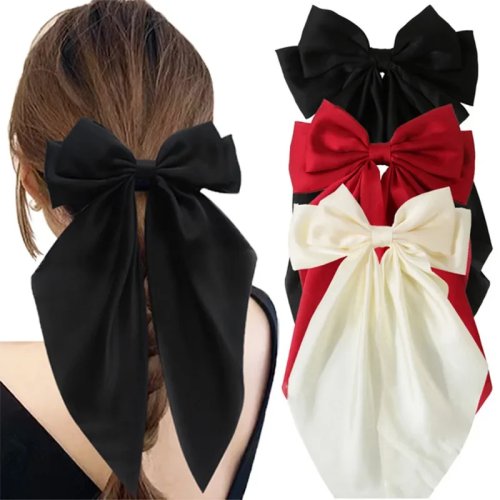 Kẹp tóc nơ satin to phong cách vintage Pháp kèm tua dài, kẹp lò xo lớn cho tóc đuôi ngựa, phụ kiện tóc thanh lịch cho nữ