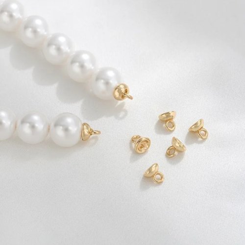 Cap Manik Gold Plated 14K dengan Lubang & Ring, Penutup DIY untuk Gelang & Kalung Mutiara