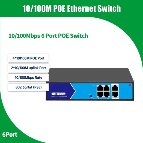 Switch Ethernet PoE 6-portowy 10/100 Mbps z uplink SFP 52V – 802.3af/at, niezarządzalny, Plug & Play do kamer IP/NVR