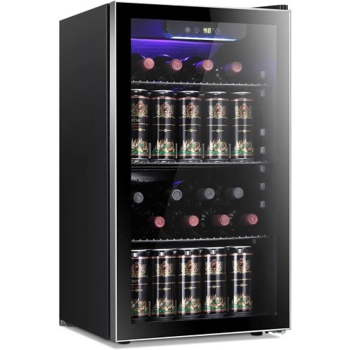 26-Bottle / 130-Can Wine & Beverage Cooler Mini Fridge, Glass Door, 3.2 cu ft (~91L), Black