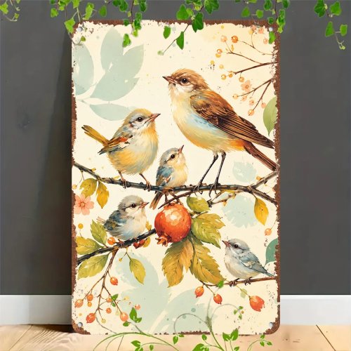 Placa metálica vintage 2D – Pássaros cantores & frutos de outono, decoração de parede para casa, garagem, café, bar e jardim