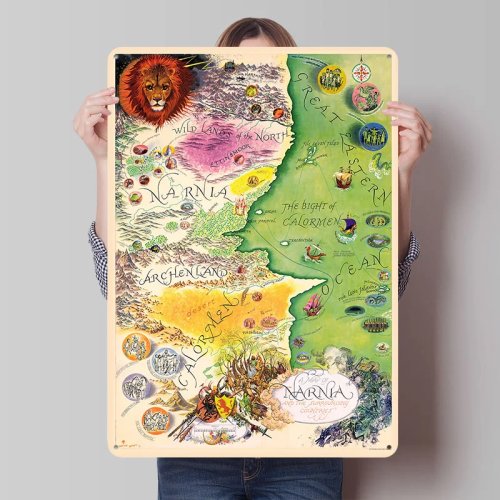 Papan timah vintage peta Narnia — poster dinding retro cetak, bisa kustom untuk dekorasi rumah dan kamar mandi