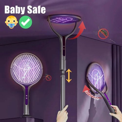 Raquete Elétrica Antimosquitos Rotativa 2026, Cabo Telescópico, Bateria de Longa Duração, USB