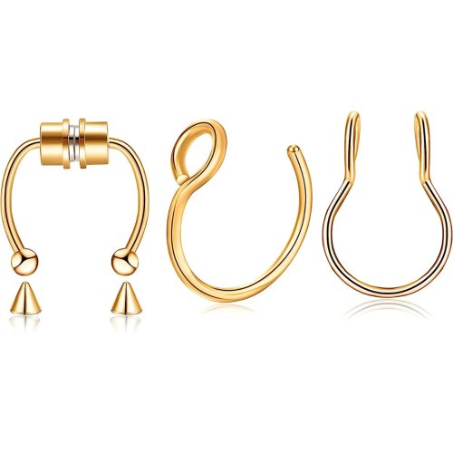 Bộ 3 khuyên mũi septum hình móng ngựa bằng thép không gỉ có nam châm, kẹp (clip-on) không cần xỏ, khuyên mũi giả unisex