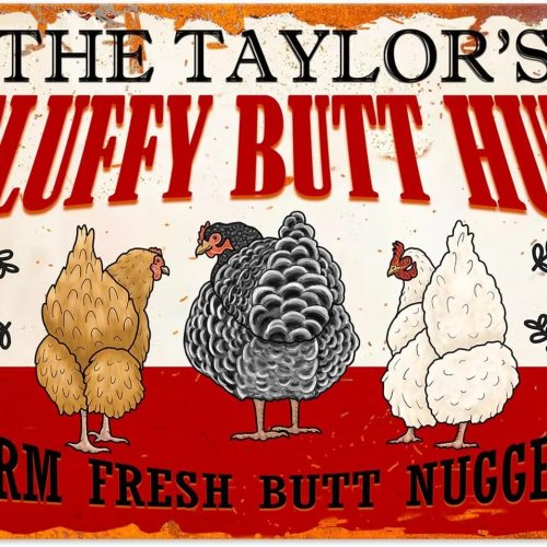 パーソナライズ可能な金属製ニワトリ小屋サイン — ユーモア表現（"Butt Nuggets"）・名入れ可・屋外用デコレーション