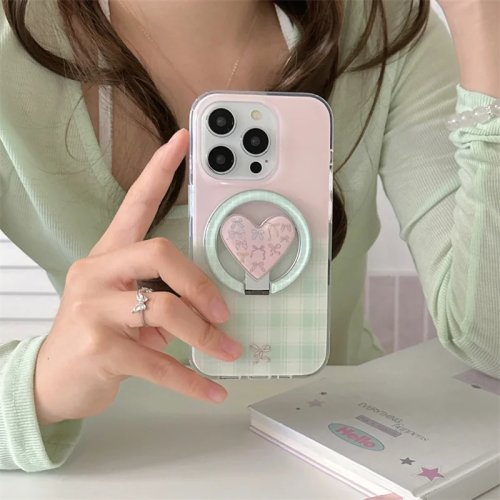 Модний Рожево-Зелений Картатий Магнітний Чохол для iPhone 16 Pro/15/14/13 Pro Max з Magsafe Підставкою Love