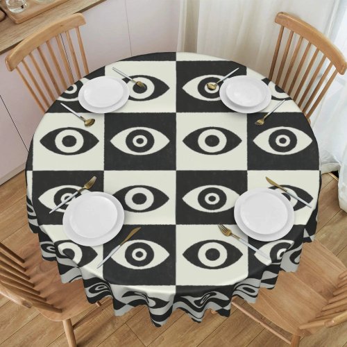 Toalha de mesa redonda xadrez com padrão Olho Turco Nazar - Impermeável, preto e branco para festa, 60 polegadas