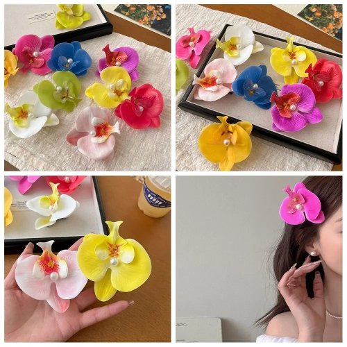 Pince à Cheveux Fleur d'Orchidée Perle - Style Coréen, Pince Bec de Canard, Accessoire de Vacances à la Plage pour Femme