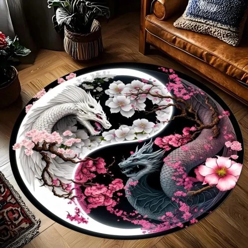 Alfombra redonda decorativa con estampado Yin Yang y dragón, antideslizante y lavable para salón y dormitorio