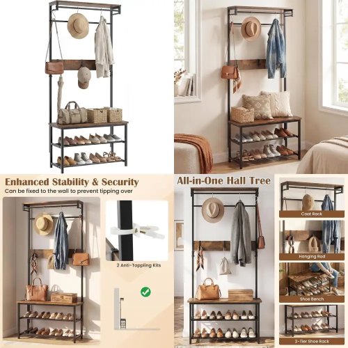 Giá treo đồ hành lang phong cách công nghiệp có ghế ngồi và ngăn để giày, 4 trong 1, với 6 móc có thể tháo rời, thanh treo và kệ trên, kim loại