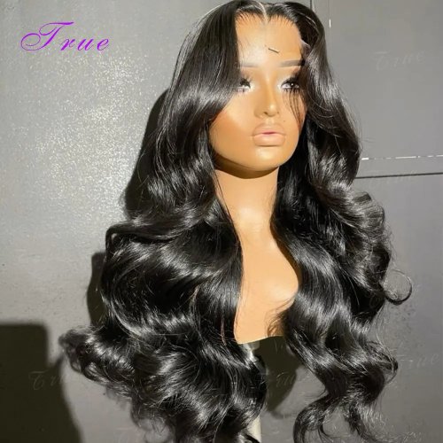 Peluca de cabello humano brasileño Body Wave, con frontal de encaje HD transparente 13x6, negro natural, 30-38 pulgadas