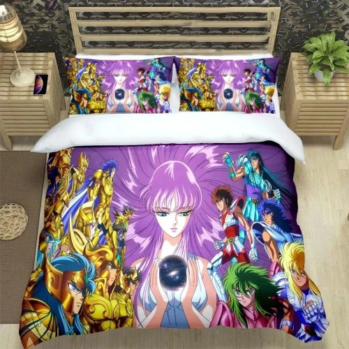 ชุดเครื่องนอน 3 ชิ้น Saint Seiya - ปลอกผ้านวมและปลอกหมอน ชุดผ้าปูที่นอนอนิเมะ นุ่มสบาย