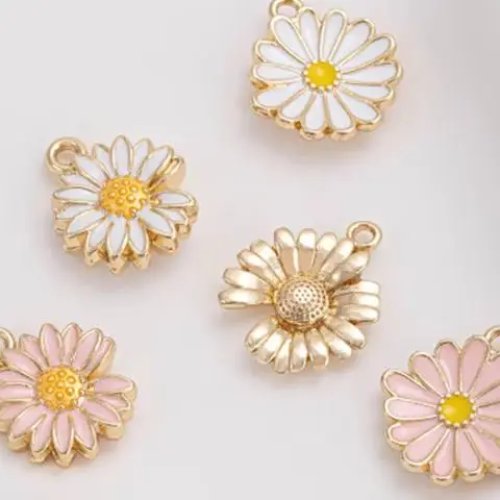 Pendentif marguerite en laiton plaqué or 14K, émail blanc/rose – breloque pour collier et bracelet DIY