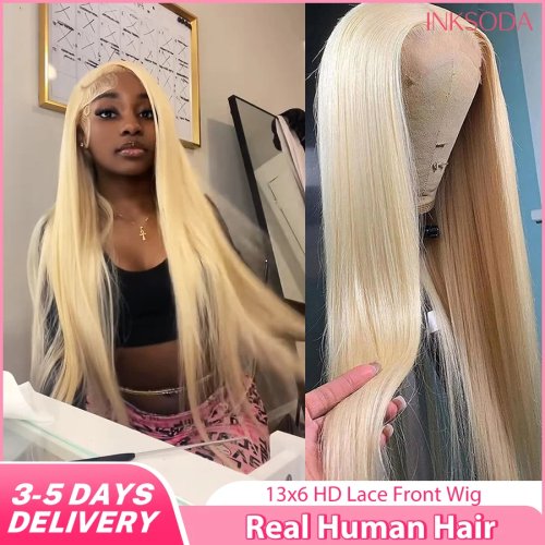 Парик из бразильских натуральных волос, прямой, HD-прозрачный lace frontal 13x6/13x4, 16–36 дюймов, плотность 180–220%, цвет #613 светлый блонд, линия волос уже прорежена (pre-plucked)