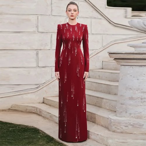 Robe de Soirée Designer High Street 2026 pour Femme, Robe Longue à Strass et Perles avec Impression Chaud