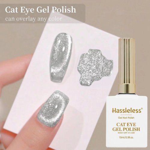 Hassleless طلاء جل للأظافر Cat Eye 15 مل فضي — لامع ومغناطيسي، يتطلب مصباح UV/LED، للاستخدام في المنزل والصالون