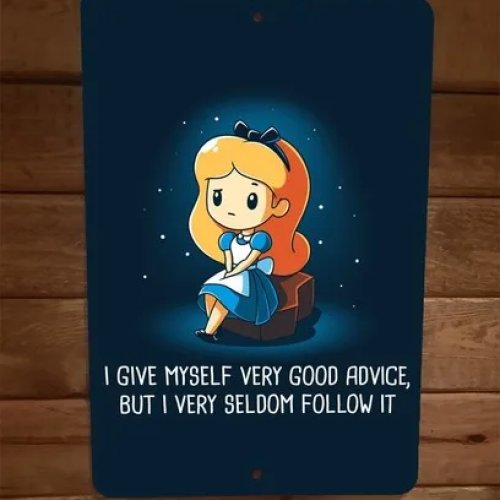 Targa da parete in metallo Alice nel Paese delle Meraviglie – poster in lamiera 'Mi do ottimi consigli'