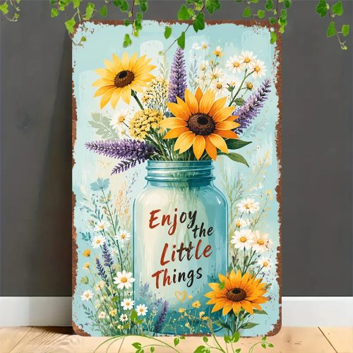 Cartel metálico retro 2D 'Disfruta de las pequeñas cosas' con girasol – placa plana decorativa para pared, hogar, garaje, café, bar y jardín