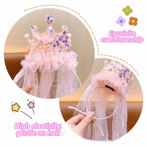 ที่คาดผมมงกุฎเจ้าหญิง สีชมพู-ขาว พร้อมผ้าทูลและเลื่อม – เครื่องประดับผมน่ารักสำหรับวันเกิด