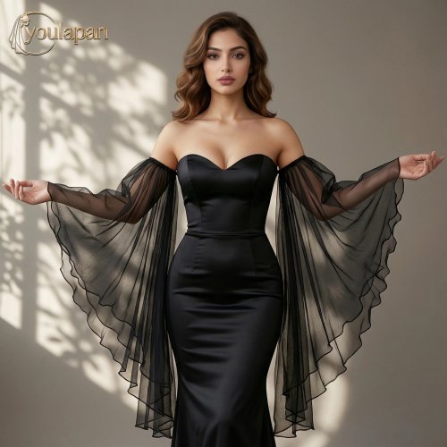 TOPQUEEN Bolero negro semitransparente off-shoulder con mangas largas desmontables para boda/novia