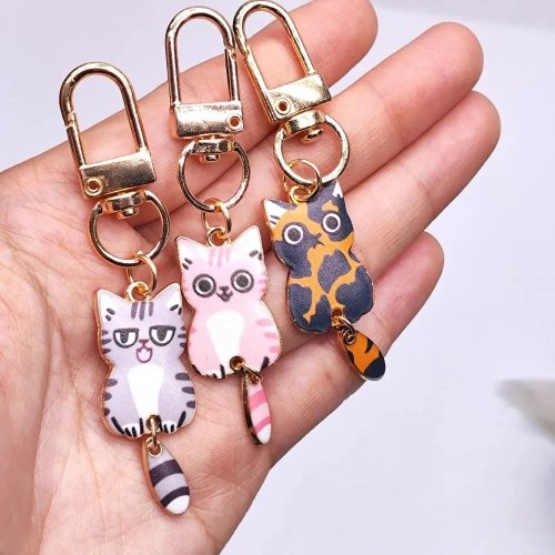 Porte-clés chat métal imprimé couleur, mignon cartoon kawaii, breloque pour sac