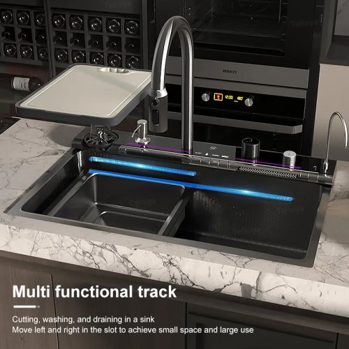 Grote enkele spoelbak (waterfall) van 304 roestvrijstaal met digitaal display — multifunctioneel voor afwassen en groente
