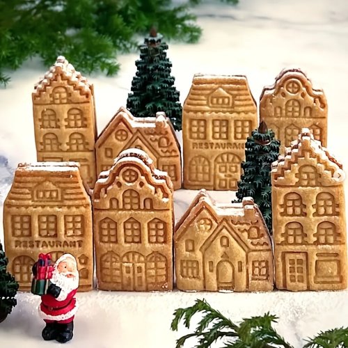 4Pcs Gingerbread House Cookie Cutter Molds – 3D Embossed Town House Biscuit Cutters for Christmas Baking, Cake, and Holiday Treats
