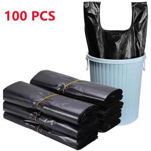 100 Cái Túi Nhựa Đen Dày Dạng Áo Vest - Túi Mua Sắm Siêu Thị Dùng Đựng Đồ Ăn Mang Đi, Rác Nhà Bếp, Lưu Trữ