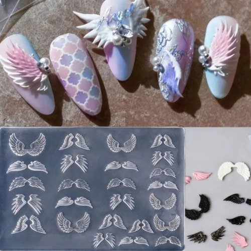 Moules à ongles en silicone flexibles H7EB – gabarits en forme d'aile texturés pour nail art, pour prothésistes ongulaires et débutants
